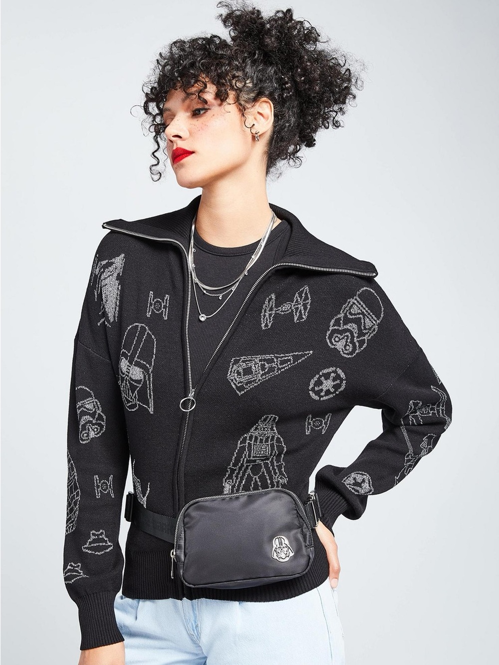 Star Wars BoxLunch Black & Silver Zip-Front Cardigan Dark Side Graphics‎ Size XL